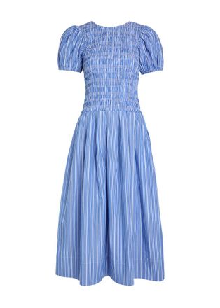 Ganni Striped Shirred Cotton Midi Dress - Navy - 42 (UK14 / L)