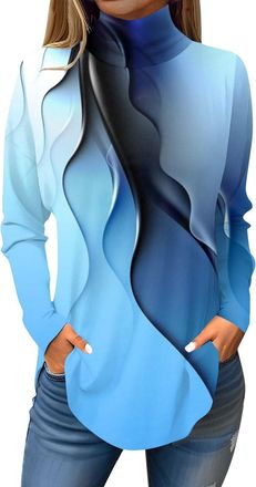 Generic Deals of The Day, Womens Tops T Shirts for Women UK Tunic Womens Fashionable Casual High Neck Line Printed Long Sleeve T-Shirt Pullover Top Yoga Tops 