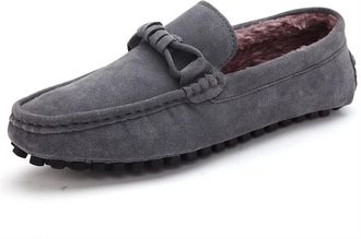 Generic Mens Loafers Genuine Leather Stitching Details Bow Round Toe Suede Vamp Faux Fur Lined Warm Flexible Anti-Slip Resistant Comfortable Driving Walking(G