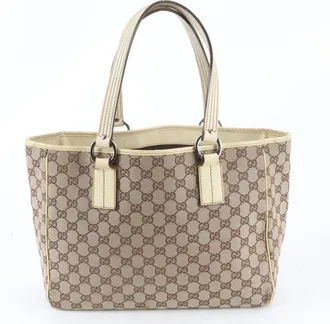 Gucci Beige Leather Canvas Handbag Shoulder Bag Tote Bag (Pre-Owned)