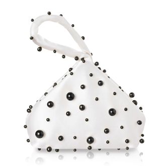 Babeyond Clutch Purses for Women - Satin Evening Bag Triangle Purse Pearl Handbag for Wedding Prom Party, White With Black Pearls, One Size