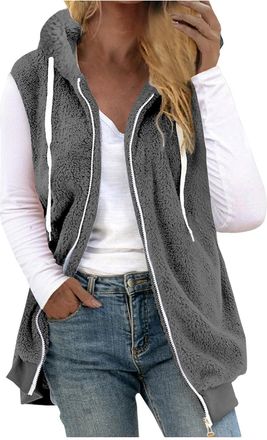 Generic Womens Fleece Gilet with Hooded Sherpa Fluffy Vest Sleveless Jacket Plus Size Zip Up Longline Teddy Fleece Waistcoat Solid Color Ladies Autumn Winter 