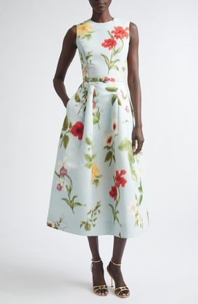 Oscar De La Renta Chin&eacute; Dominican Floral Faille Midi Dress in Saltwater Multi at Nordstrom, Size 12