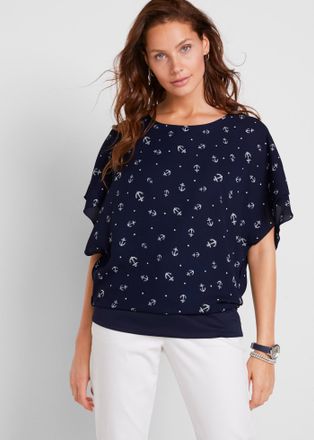 Bonprix Shirtbluse BONPRIX, Damen, Gr. 40, dunkelblau, wei&szlig; bedruckt, Web, Obermaterial: 100% Polyester. Innentop: 100% Polyester, loose fit, Blusen Shirtblus