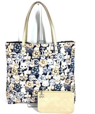 Chanel Camellia Blue Gold Leather Nylon Shoulder Bag Tote Bag (Pre-Owned)
