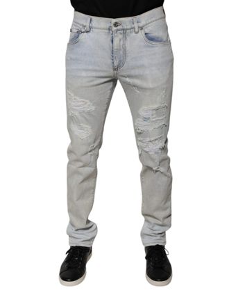 Dolce & Gabbana Mens Light Blue Cotton Blend Tattered Skinny Denim Jeans Polyester Elastane Clothing