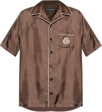 Dolce & Gabbana Zijden shirt met zak - Heren - Korte mouwen Overhemden - Bruin - XL - Leer - Overhemden