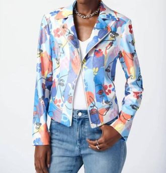 Joseph Ribkoff Faye Face Print Faux Suede Moto Jacket In Blue Multi