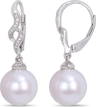 Amour 11-12mm Cultured Freshwater White Pearl and Diamond Twist Drop Leverback Pearl Earrings In Sterling Silver