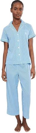 Lauren Ralph Lauren Short Sleeve Notch Collar Cropped Pants PJ Set Womens Pajama Sets Dark Blue Stripe : LG (US 12-14), Cotton/Viscose