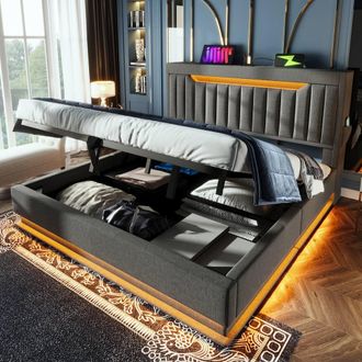 Merax 5ft King Storage Upholstered Bed With LED, Charging, Metal Frame in Grey