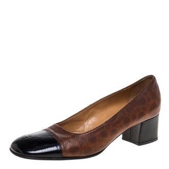 Casadei Brown Embossed Leather And Black Patent Cap Toe Pumps