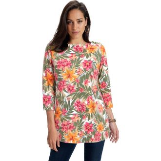 Jessica London Stretch Cotton Boatneck Tunic in Khaki Tropical Floral at Nordstrom, Size 16