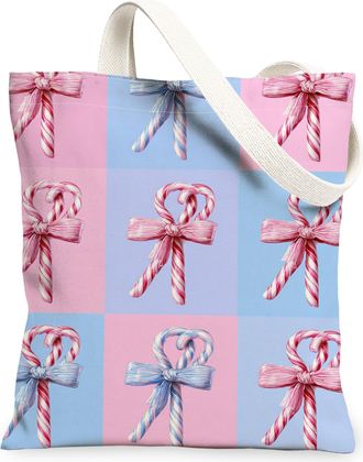 Generic Candy Cane Canvas Tote Bags, Holiday Bow Design Reusable Grocery Bags, Winter Lightweight Washable Shoulder Strap for Trave, Peach, 13x15 Inch
