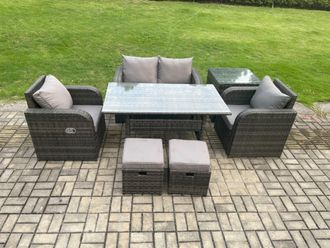 Fimous Outdoor Rattan Garden Furniture Lounge Sofa Set With Oblong Rectangular Dining Table 2 Small Footstool in Dark Grey