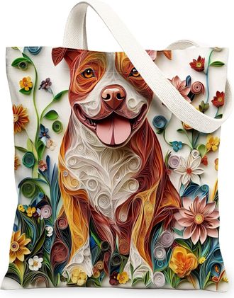 Generic Paper Quilling Pitbull Dog Canvas Tote Bag for Shopping 13x15, Fun Wildflower Puppy Reusable Grocery Print Pattern Bag for Women, Pet Beach Aesthetic 