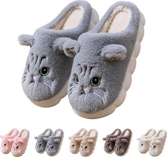 Generic Womens Fluffy Animal Slippers Cat Slippers Realistic 3D Furry Kitten Ear Slipper Novelty Cartoon Slipper Warm Winter Sliders Winter House Shoes Fluffy