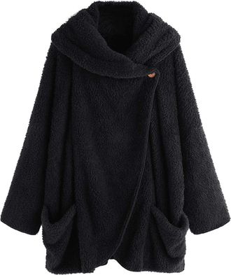 Generic HHMY Teddy Coat Womens Cardigan Fluffy Warm Fleece Jacket Double-Sided Plush Jacket Wrap Jacket Buttons, Shawl Collar, Bat Sleeves, S - 5XL, black, La