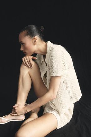 H&M Short-sleeved Crochet-look Shirt in Cream at Nordstrom, Size X-Small