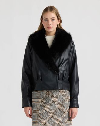 NVLT Womens Vegan Leather Bomber Jacket with Faux Fur Collar