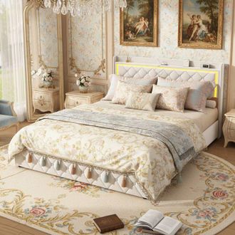OEM Cama Doble Capitonada 160 X 200 Cm De Terciopelo Beige Con Somier, 4 Cajones, Led Y Puertos Usb/type-c