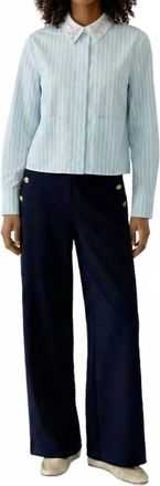 Oui Jewelled Collar Button Down Blouse In Blue/white