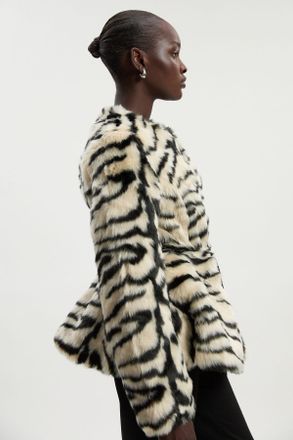 Karen Millen Womens Faux Fur Zebra Collarless Coat - Monochrome Multi - Size 12 UK