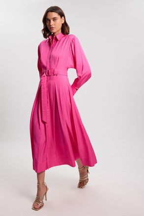 Karen Millen Womens Petite Premium Viscose Linen Woven Shirt Dress With Gold Buckle Belt - Pink - Size 10 UK