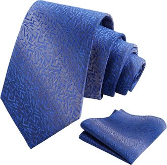 Alizeal Mens 8cm Business Regular Pattern Formal Tie and Hanky Unique Classic for Wedding Necktie Set, Royal Blue+Navy