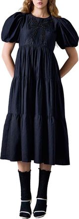 English Factory Sequin Bow Detail Tiered Organza Midi Dress in Black at Nordstrom, Size X-Small