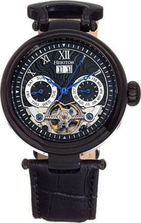 Heritor Mens Ganzi Semi-Skeleton Leather-Band Watch - Black Stainless Steel - One Size
