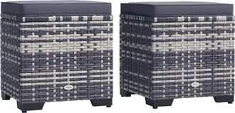 OUTSUNNY Set of 2 Rattan Footstool - Storage Ottoman w/ Cushions - Dark Grey | TJ Hughes