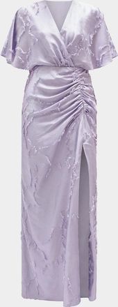 Amsale Textured Floral Jacquard Flutter-Sleeve Maxi Dress