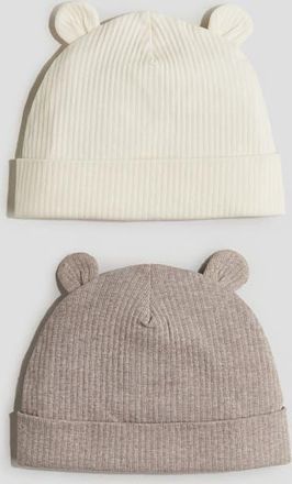 H&M 2-pack Ribbed Ear-detail Beanies in Light Beige/dark Beige Melange at Nordstrom, Size 9-12 M