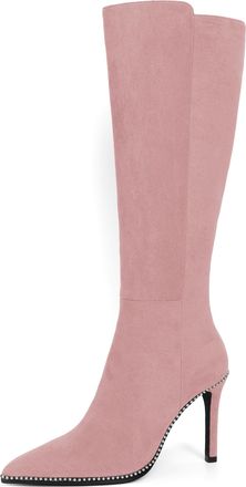 elashe Womens Suede Knee High Boots Pink Ladies Knee length Long Heeled Boots for Women UK with Beads Stiletto 9.5 CM(3.75 inches) High Heels Pointed Toe Sid