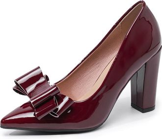 Generic Womens Soild Color Pointed Toe Pumps with Bowknot Decor High Block Heels Dress Shoes for Office Party and Evening (7.5,Wine Red)