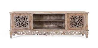 Giner&Colomer Mueble TV de teca con acabado blanco lavado y tallas artesanales