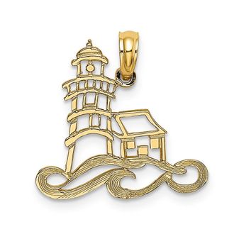Diamond2Deal 14k Yellow Gold Cut-Out Lighthouse with Waves Charm Pendant
