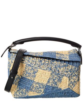 Loewe Puzzle Edge Small Raffia & Leather Shoulder Bag