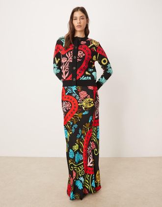 Never Fully Dressed Dorris - Gonna lunga in raso con stampa astratta in coordinato-Multicolore