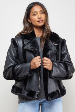 Oasis Womens Shearling PU Aviator Jacket - Black - Size 12 UK
