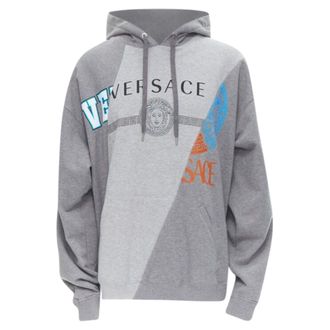 Versace Compilation deconstructed mixed logo cotton hoodie grey melange XS
