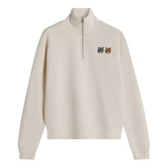 Maison Kitsun&eacute; Sweatshirts, female, Beige, Size: M Double Fox Head Half Zip Comfort Sweatshirt