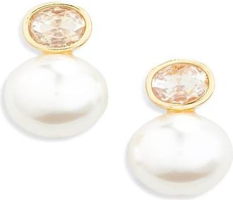 Shashi Crystal & Faux Pearl Double Drop Earrings in Gold/pearl at Nordstrom