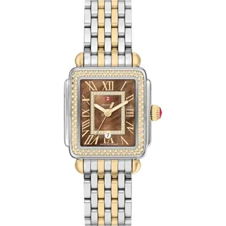Michele Deco Madison Mid Two-Tone 18K Gold Plate Diamond & Mother-of-Pearl Bracelet Watch, 29mm x 31mm in Two Tone at Nordstrom