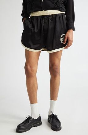 Bode Satin Gym Shorts in Black Cream at Nordstrom, Size X-Large