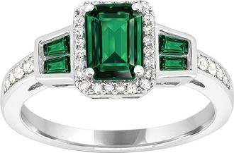 Diamond2Deal 10K White Gold Created Emerald White Sapphire and Diamonds Engagement Ring ( 0.80Ct )