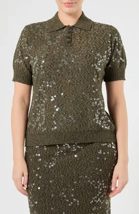 Marina Rinaldi Panno Sequin Knit Polo in Kaki at Nordstrom, Size X-Large