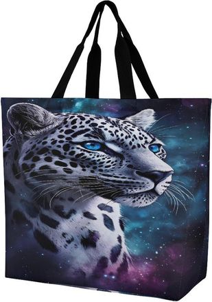 Generic Leopard with Blue Eyes Reusable Shopping Bags Large Capacity Grocery Bag Heavy Duty Tote for Women 40x40x16cm
