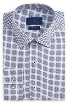 David Donahue Fusion Performance Geo Print Stretch Dress Shirt in White/Navy at Nordstrom, Size 18